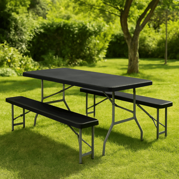 Set masa pliabila cu 2 banci, 180 cm, negru, HDPE si cadru metalic anticoroziv - imagine 2