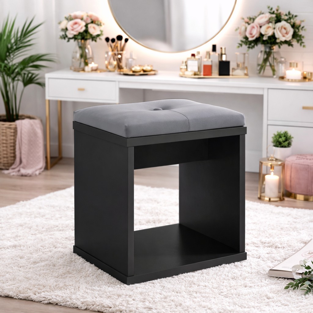 Taburet pentru masuta de toaleta cu sezut confortabil, 30x30x42 cm, negru