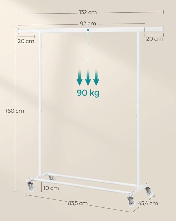 SONGMICS Suport pentru haine cu sina superioara extensibila, pe roti, reglabil pe latime, 45x(92-132)x160cm, alb - imagine 2