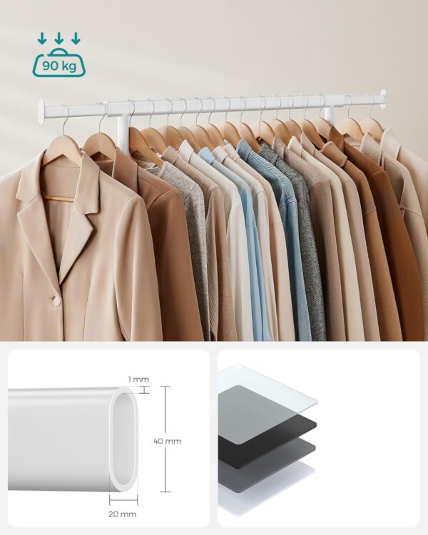 SONGMICS Suport pentru haine cu sina superioara extensibila, pe roti, reglabil pe latime, 45x(92-132)x160cm, alb - imagine 5