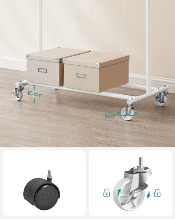 SONGMICS Suport pentru haine cu sina superioara extensibila, pe roti, reglabil pe latime, 45x(92-132)x160cm, alb - imagine 6