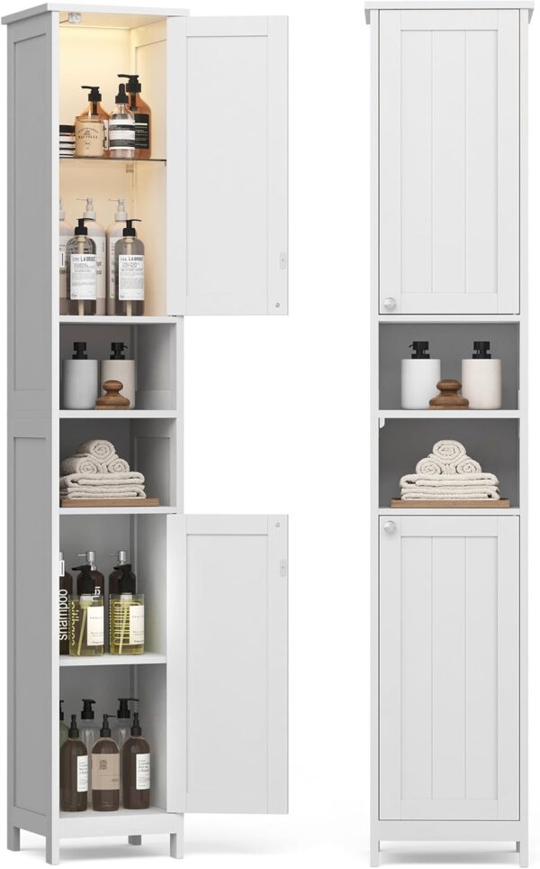 VASAGLE Dulap baie inalt si ingust cu lumina LED, rafturi reglabile, MDF lacuit, 30x30x170 cm, alb - imagine 2