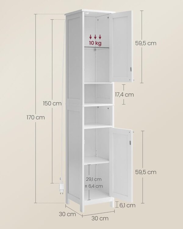 VASAGLE Dulap baie inalt si ingust cu lumina LED, rafturi reglabile, MDF lacuit, 30x30x170 cm, alb - imagine 3