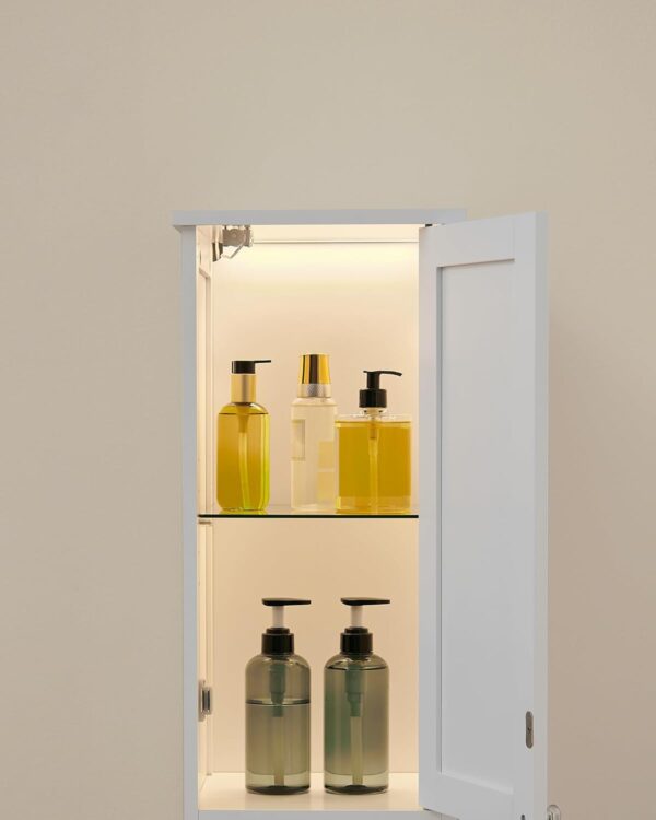 VASAGLE Dulap baie inalt si ingust cu lumina LED, rafturi reglabile, MDF lacuit, 30x30x170 cm, alb - imagine 7
