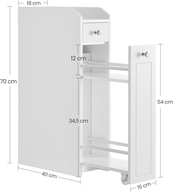 VASAGLE Dulap baie ingust cu sertare si roti, pentru depozitare, MDF, 40x18x70 cm, alb - imagine 2