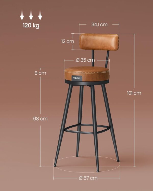 VASAGLE set 2 scaune de bar rotative 360°, cu spatar, inaltime 101 cm, piele sintetica, cadru otel, stil modern, maro - imagine 2