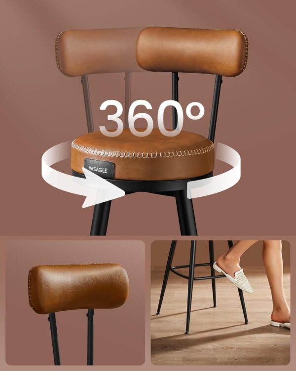 VASAGLE set 2 scaune de bar rotative 360°, cu spatar, inaltime 101 cm, piele sintetica, cadru otel, stil modern, maro - imagine 3