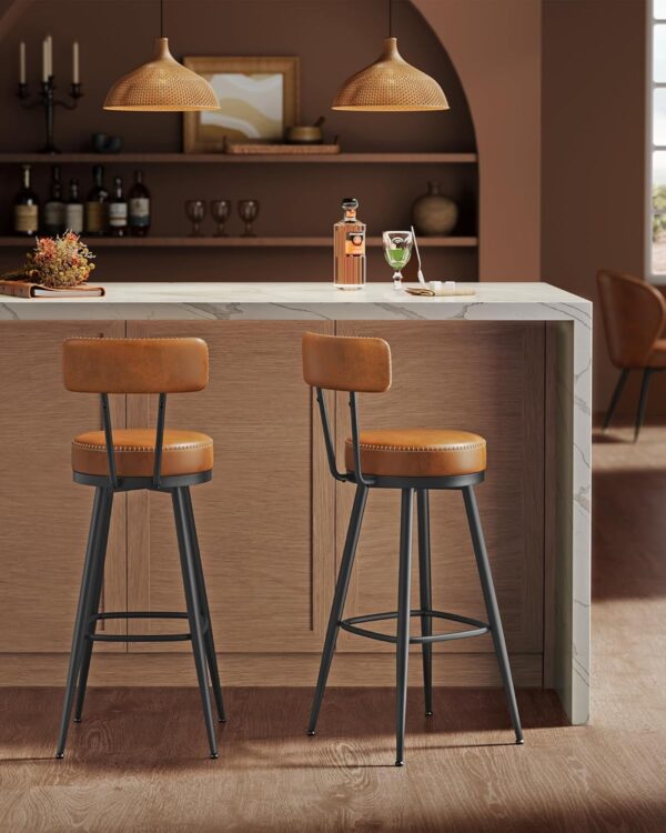 VASAGLE set 2 scaune de bar rotative 360°, cu spatar, inaltime 101 cm, piele sintetica, cadru otel, stil modern, maro - imagine 5