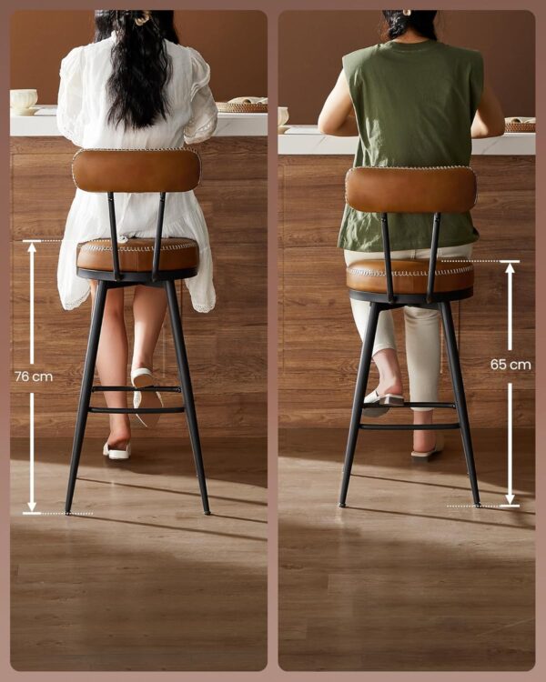 VASAGLE set 2 scaune de bar rotative 360°, cu spatar, inaltime 101 cm, piele sintetica, cadru otel, stil modern, maro - imagine 7