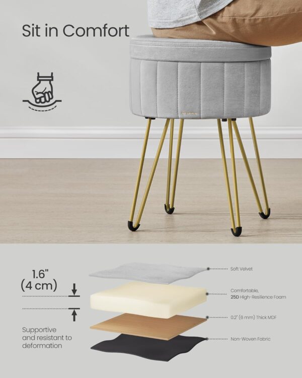 SONGMICS Taburet rotund cu spatiu de depozitare, tapiterie catifelata, 32x39x44 cm, gri - imagine 2