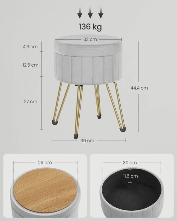 SONGMICS Taburet rotund cu spatiu de depozitare, tapiterie catifelata, 32x39x44 cm, gri - imagine 6