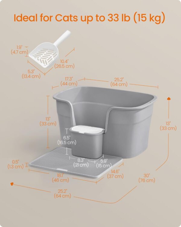 FEANDREA Litiera pisici XL cu pereti inalti, colector de nisip si cutie depozitare, 64x44x33 cm, gri - imagine 2