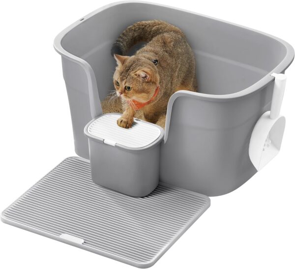 FEANDREA Litiera pisici XL cu pereti inalti, colector de nisip si cutie depozitare, 64x44x33 cm, gri - imagine 3
