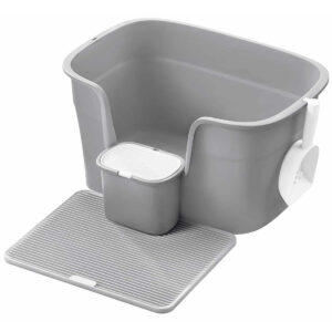 FEANDREA Litiera pisici XL cu pereti inalti, colector de nisip si cutie depozitare, 64x44x33 cm, gri