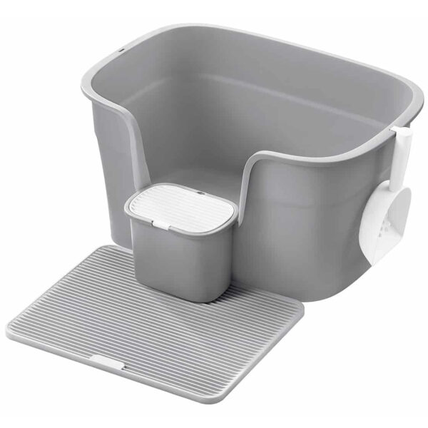 FEANDREA Litiera pisici XL cu pereti inalti, colector de nisip si cutie depozitare, 64x44x33 cm, gri