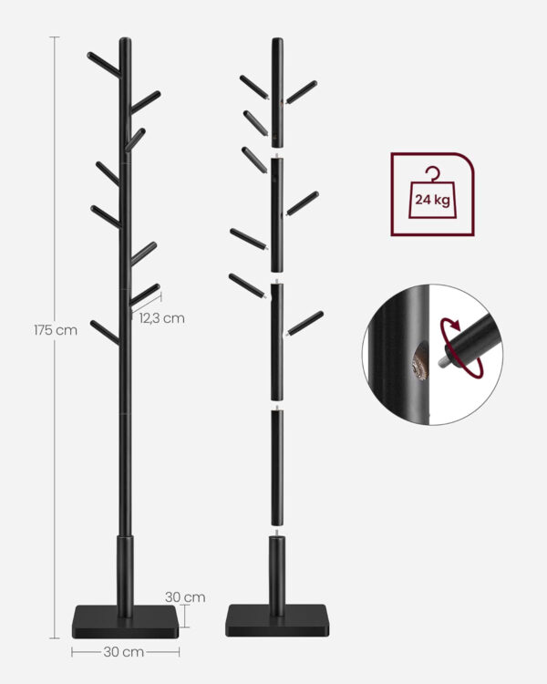 VASAGLE Cuier pentru haine, din lemn masiv, tip pom, cu 8 carlige, baza patrata, 175cm, negru - imagine 6