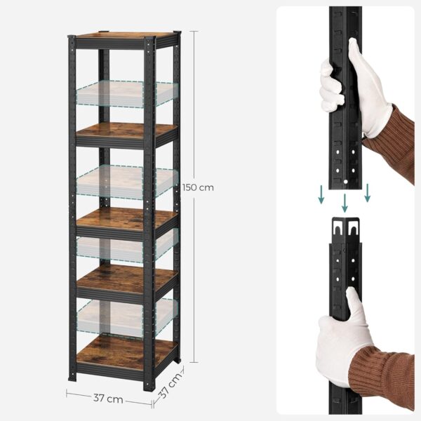 SONGMICS Etajera 5 rafturi ajustabile, structura metalica, stil industrial, MDF, 37x37x150 cm, maro si negru - imagine 2