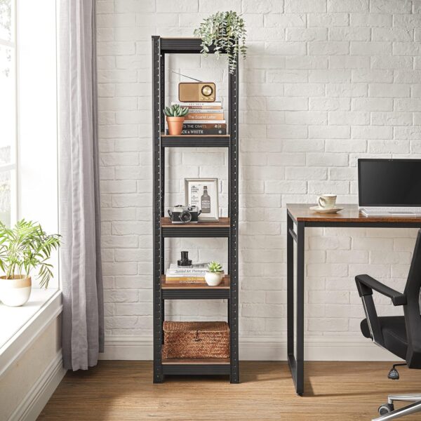 SONGMICS Etajera 5 rafturi ajustabile, structura metalica, stil industrial, MDF, 37x37x150 cm, maro si negru - imagine 3