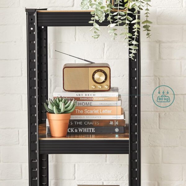SONGMICS Etajera 5 rafturi ajustabile, structura metalica, stil industrial, MDF, 37x37x150 cm, maro si negru - imagine 4