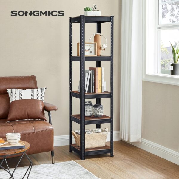 SONGMICS Etajera 5 rafturi ajustabile, structura metalica, stil industrial, MDF, 37x37x150 cm, maro si negru - imagine 7