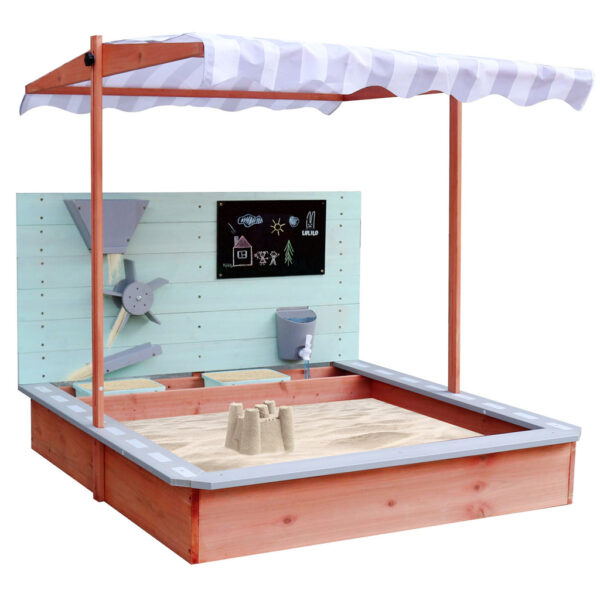 Ladita nisip din lemn cu baldachin reglabil, tablie de scris, robinet si moara de nisip, 120x120x120 cm, maro - imagine 2