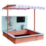 Ladita nisip din lemn cu baldachin reglabil, tablie de scris, robinet si moara de nisip, 120x120x120 cm, maro