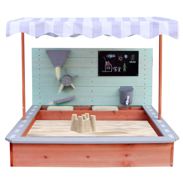 Ladita nisip din lemn cu baldachin reglabil, tablie de scris, robinet si moara de nisip, 120x120x120 cm, maro - imagine 3
