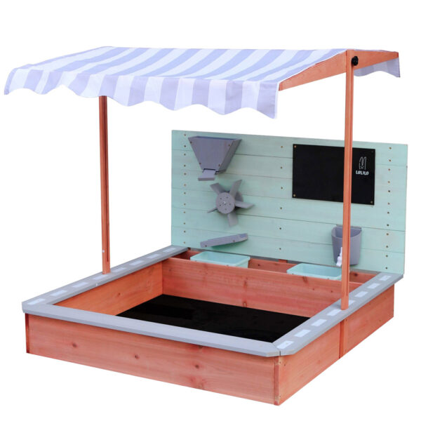 Ladita nisip din lemn cu baldachin reglabil, tablie de scris, robinet si moara de nisip, 120x120x120 cm, maro - imagine 4