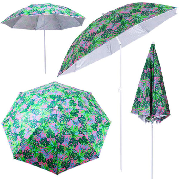 Umbrela de plaja pliabila, cu inclinare si inaltime reglabila, diametru 150 cm, verde cu imprimeu frunze verzi - imagine 9