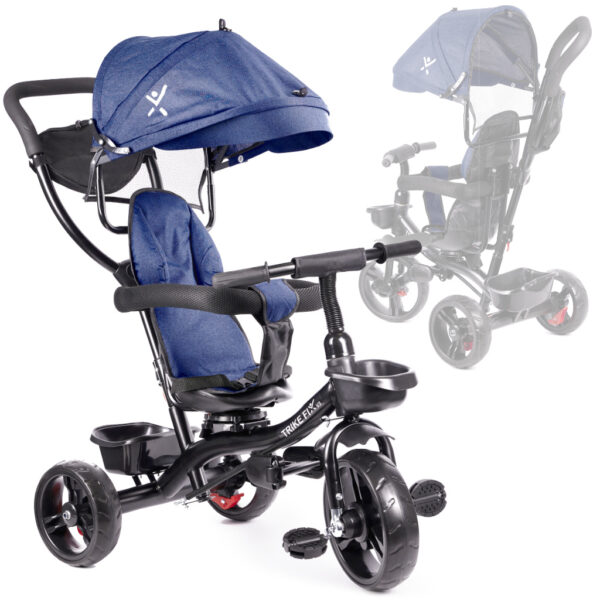 Tricicleta 3in1 105x52x94 cm, cu sezut rotativ 360°, roti fara aer, copertina reglabila, bleumarin - imagine 2