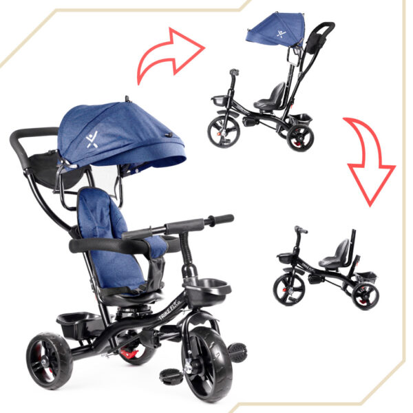 Tricicleta 3in1 105x52x94 cm, cu sezut rotativ 360°, roti fara aer, copertina reglabila, bleumarin - imagine 20