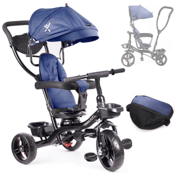 Tricicleta 3in1 105x52x94 cm, cu sezut rotativ 360°, roti fara aer, copertina reglabila, bleumarin - imagine 3