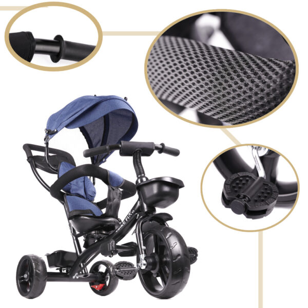 Tricicleta 3in1 105x52x94 cm, cu sezut rotativ 360°, roti fara aer, copertina reglabila, bleumarin - imagine 5