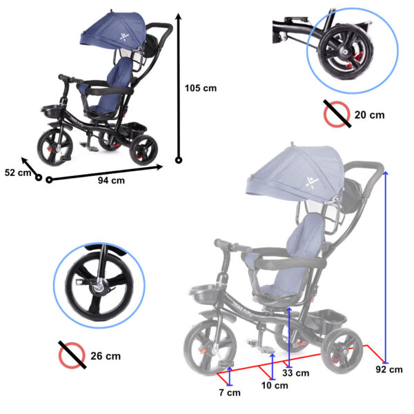 Tricicleta 3in1 105x52x94 cm, cu sezut rotativ 360°, roti fara aer, copertina reglabila, bleumarin - imagine 6