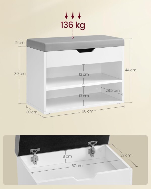 VASAGLE Pantofar cu bancheta tapitata, 3 compartimente, PAL si sezut din PU, 60x30x44 cm, alb - imagine 2