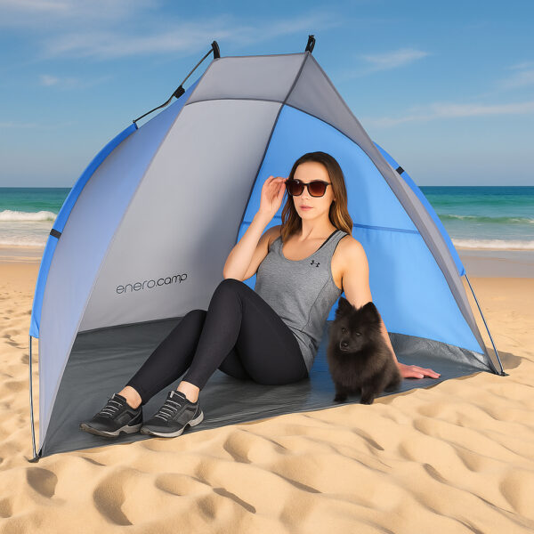 Cort plaja pentru 2 persoane, cu protectie UV si podea izolanta, 200x120x120 cm, albastru si gri - imagine 7
