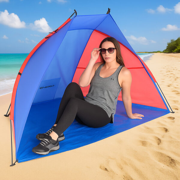 Cort plaja pentru 2 persoane, cu protectie UV si podea izolanta, 200x120x120 cm, albastru si roz - imagine 7