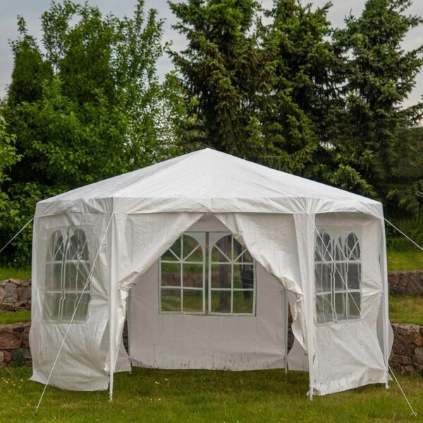 Pavilon gradina cu structura metalica, 6 pereti laterali detasabili, alb, 378x330x260 cm - imagine 4
