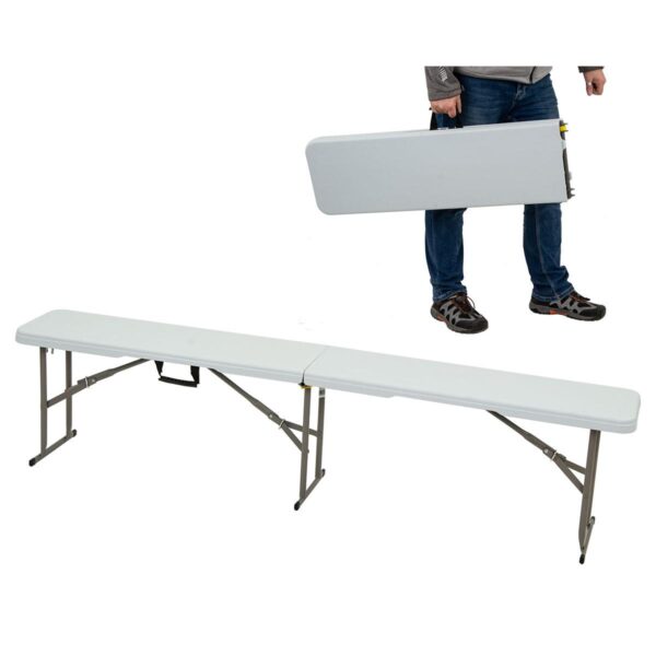 Banca pliabila pentru evenimente si catering, 183x28x43 cm, din HDPE si otel, alb - imagine 3