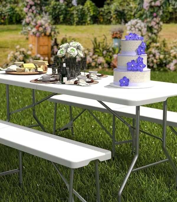 Banca pliabila pentru evenimente si catering, 183x28x43 cm, din HDPE si otel, alb - imagine 4