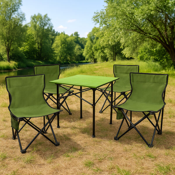 Set camping 5 in 1 cu masa si 4 scaune pliabile, structura otel si blat aluminiu, 53x52x50 cm, verde - imagine 2