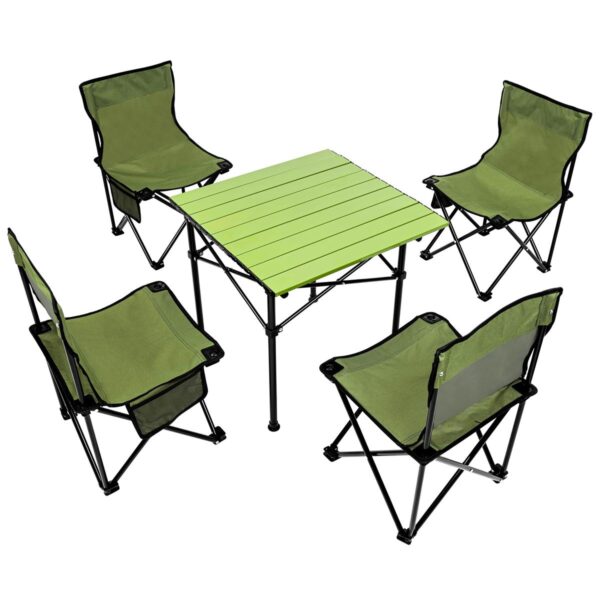 Set camping 5 in 1 cu masa si 4 scaune pliabile, structura otel si blat aluminiu, 53x52x50 cm, verde - imagine 4