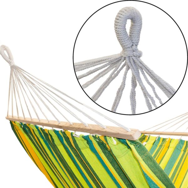 Hamac dublu cu bare din lemn, pentru 2 persoane, bumbac, 150kg, 200x150 cm, verde si galben - imagine 12