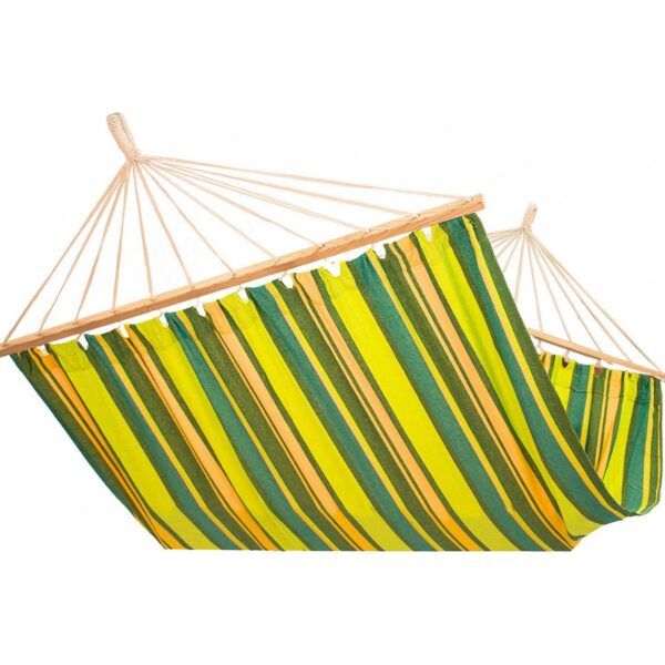 Hamac dublu cu bare din lemn, pentru 2 persoane, bumbac, 150kg, 200x150 cm, verde si galben - imagine 13