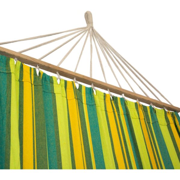 Hamac dublu cu bare din lemn, pentru 2 persoane, bumbac, 150kg, 200x150 cm, verde si galben - imagine 15