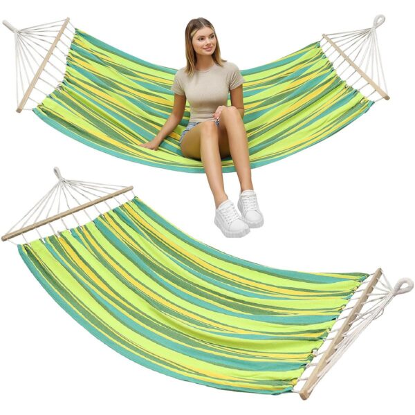 Hamac dublu cu bare din lemn, pentru 2 persoane, bumbac, 150kg, 200x150 cm, verde si galben - imagine 17