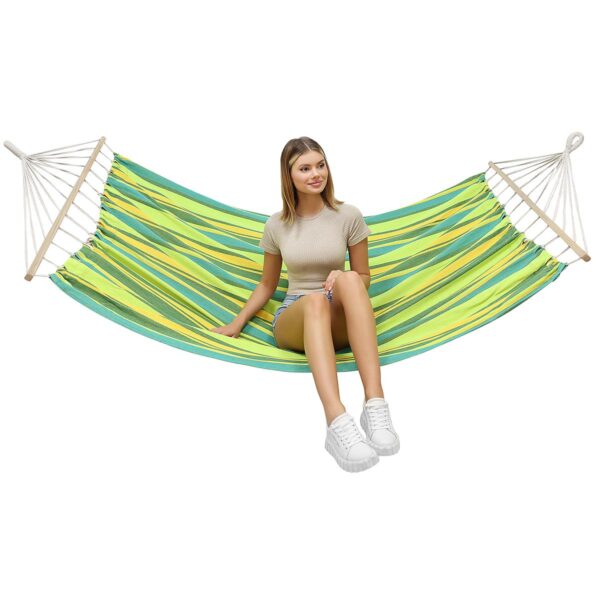 Hamac dublu cu bare din lemn, pentru 2 persoane, bumbac, 150kg, 200x150 cm, verde si galben - imagine 5