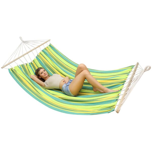 Hamac dublu cu bare din lemn, pentru 2 persoane, bumbac, 150kg, 200x150 cm, verde si galben - imagine 6