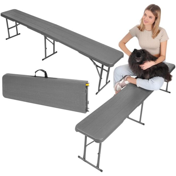 Banca pliabila, imitatie lemn, HDPE si otel, 183x28x43 cm, gri inchis - imagine 2