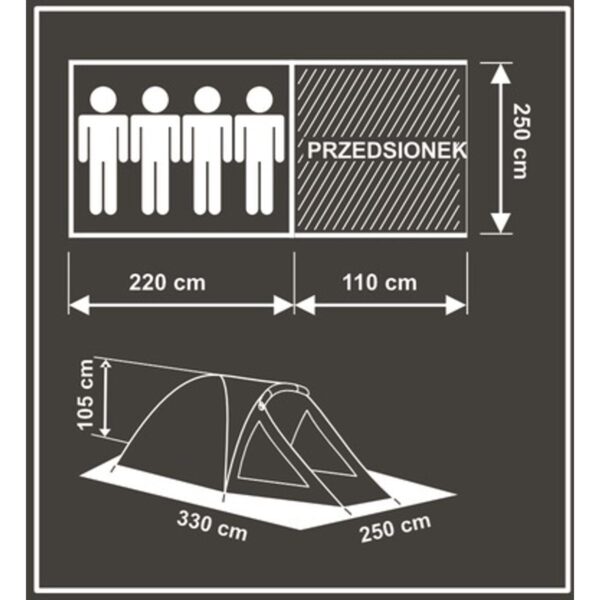 Cort camping 4 persoane cu antreu, protectie UV, impermeabil 3000 mm, 330x250x105 cm, gri - imagine 15